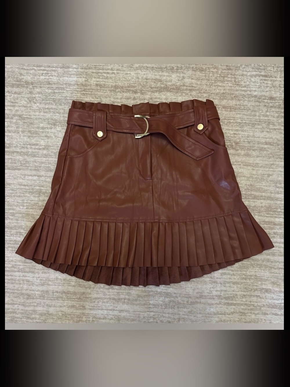 Zara Pleated Faux Leather Mini Skirt in Mahogany Brown
